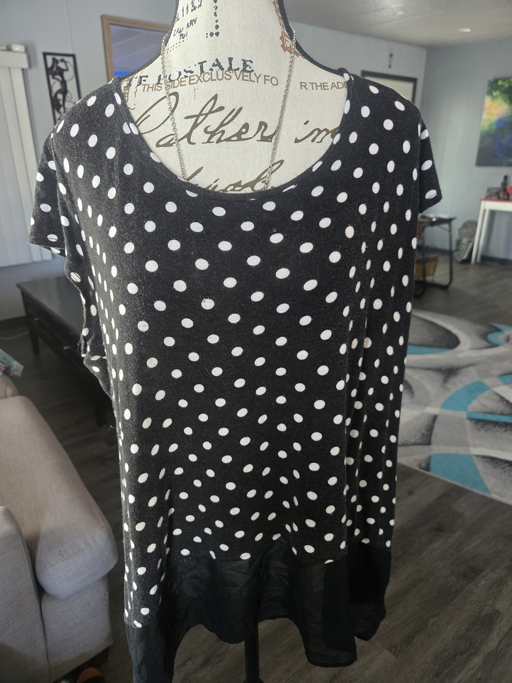 Polka Dot Black & White Women’s Scoop Neck Top. With A Satin Trim Bottom